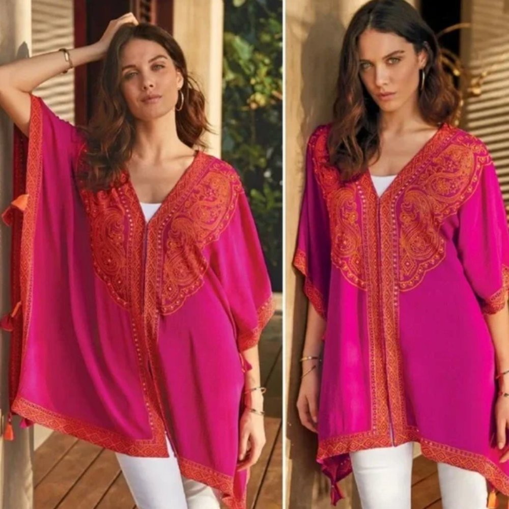 Soft Surroundings | Catalpa Topper Embroidered Beaded Tunic Kimono Top Magenta
